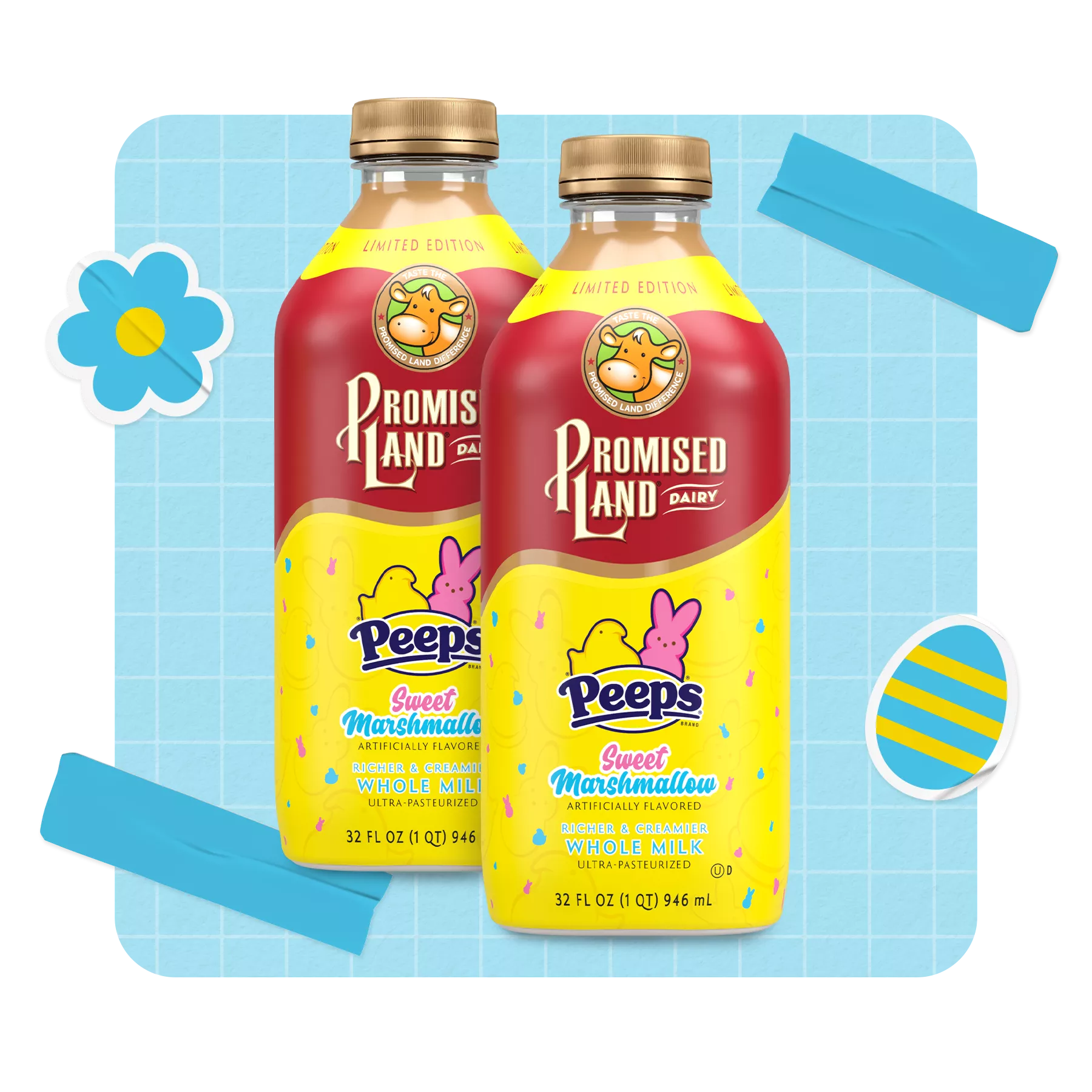 Two bottles of Promised Land Dairy PEEPS Milk 